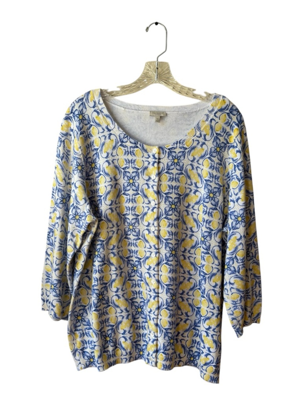 Talbots Women’s Charming Cardigan Flower Lemon Print Blue Yellow Size 1X Preppy
